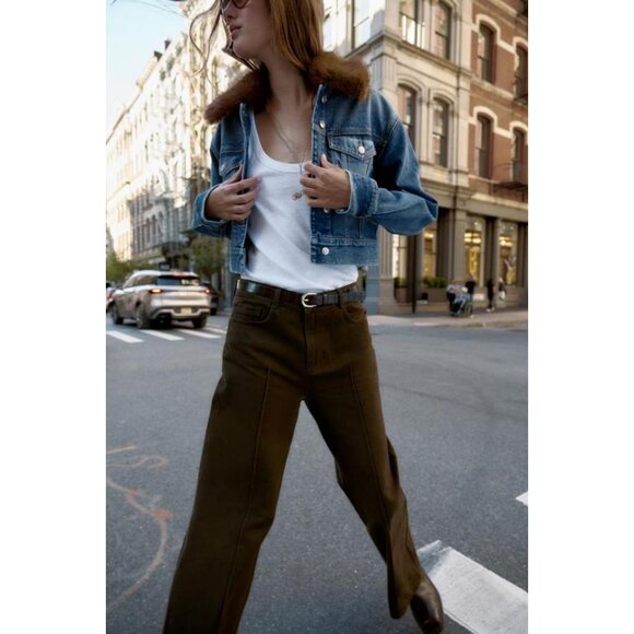 ZARA Z1975 FAUX FUR COLLAR SHORT DENIM JACKET - Picture 5 of 10